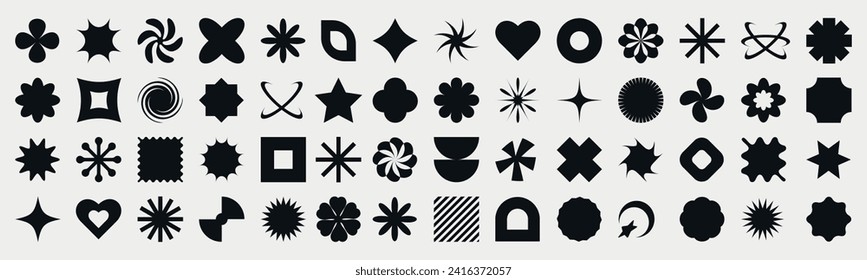 Colección de elementos Y2k. Formas geométricas modernas de brutalismo. Elementos retro estrella, corazón, círculo, formas para plantillas, diseño web, afiches. Ilustración vectorial.