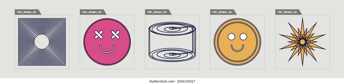 Collection of Y2K elements. Rave psychedelic retro futuristic set. Cyberpunk elements. Stars, starburst . Vector illustration
