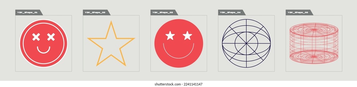 Collection of Y2K elements. Rave psychedelic retro futuristic set. Objects in y2k style. Retro Futurist. Vector illustration