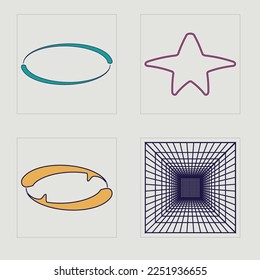 Collection of Y2K elements. Rave psychedelic retro futuristic set. Elements for graphic decoration. Anti-design. Vector illustration