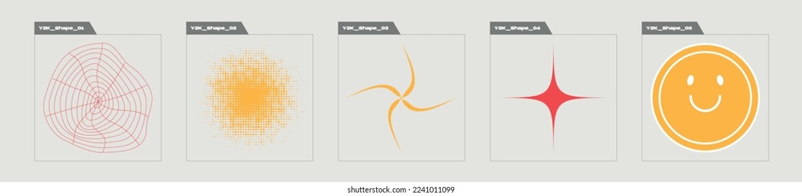 Collection of Y2K elements. Retro futuristic graphic ornaments. Modern abstract forms. Isolated on black background. Vector illustration