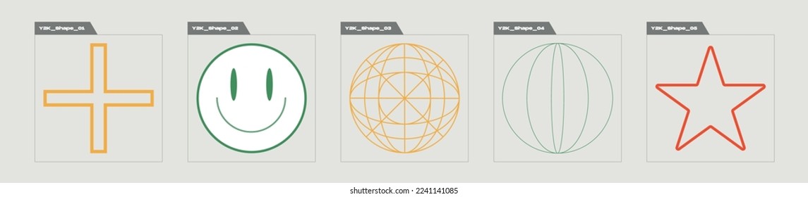 Collection of Y2K elements. Retro futuristic graphic ornaments. Templates for notes, posters. Stars, starburst . Vector illustration