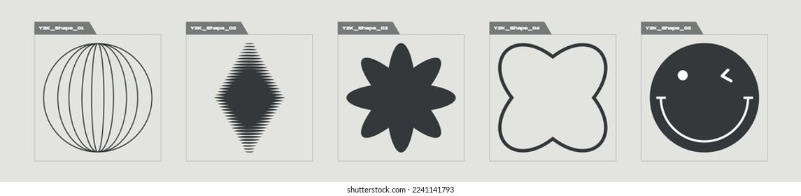 Collection of Y2K elements. Retro futuristic graphic ornaments. Objects in y2k style. Stars, starburst . Vector illustration