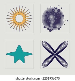 Collection of Y2K elements. Retro futuristic graphic ornaments. Flat minimalist icons. Projects, posters, banners. Vector illustration