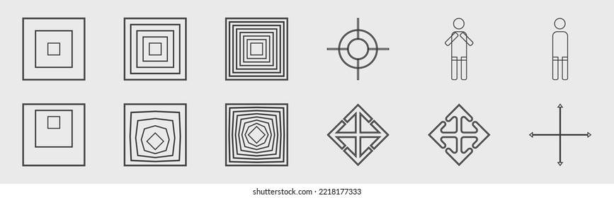 Sammlung von Y2K-Elementen. Trendy geometrische Designelemente. Abstraktes Bauhaus und boho kosmischer Stil. Minimalistische lineare Form. Vektorgrafik