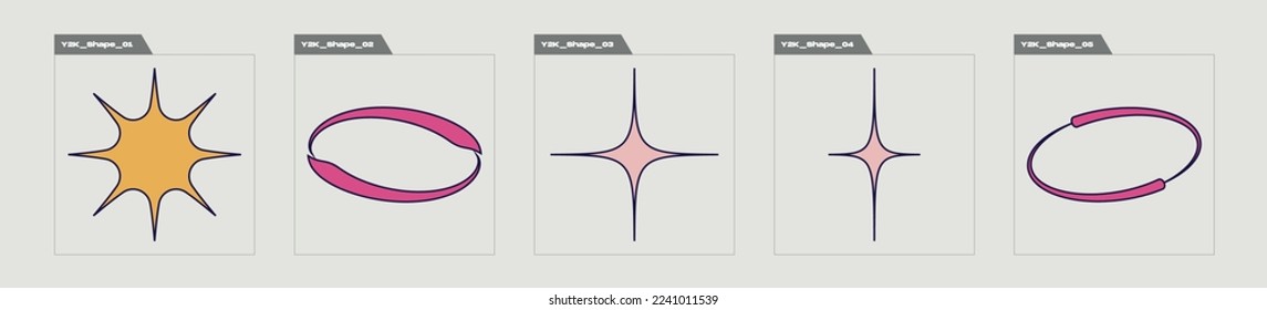 Collection of Y2K elements. Trendy geometric postmodern figures. Templates for notes, posters. Projects, posters, banners. Vector illustration