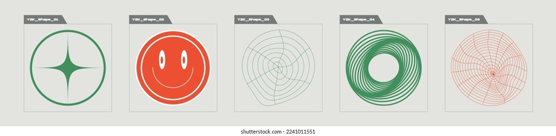 Collection of Y2K elements. Trendy geometric postmodern figures. Modern abstract forms. Projects, posters, banners. Vector illustration