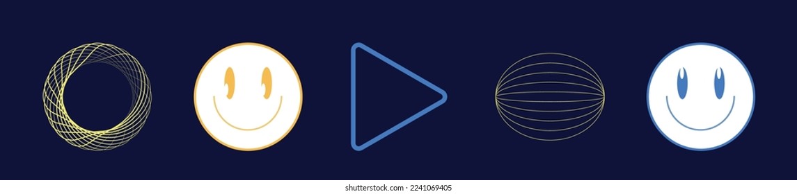 Collection of Y2K elements. Trendy geometric postmodern figures. Objects in y2k style. Isolated on black background. Vector illustration