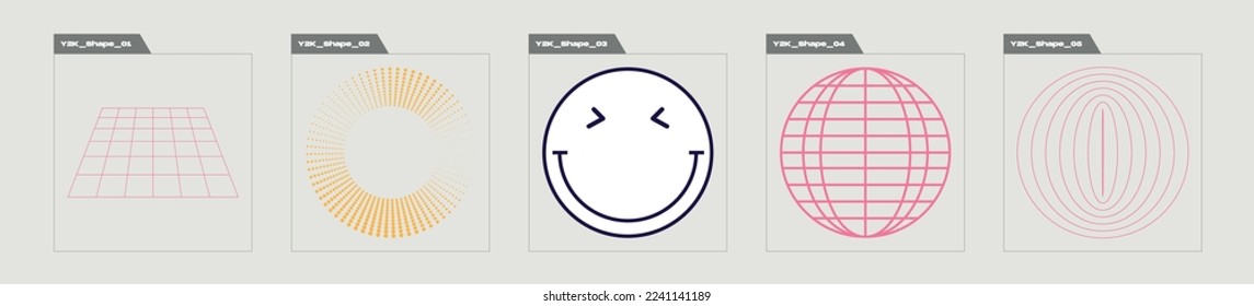 Collection of Y2K elements. Trendy geometric postmodern figures. Objects in y2k style. Futuristic. Vector illustration