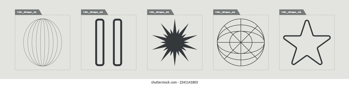 Collection of Y2K elements. Trendy geometric postmodern figures. Modern abstract forms. Isolated on black background. Vector illustration