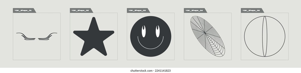 Collection of Y2K elements. Trendy geometric postmodern figures. Flat minimalist icons. Retro Futurist. Vector illustration