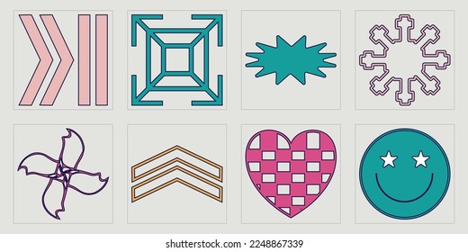 Collection of Y2K elements. Trendy geometric postmodern figures. Templates for notes, posters. Projects, posters, banners. Vector illustration