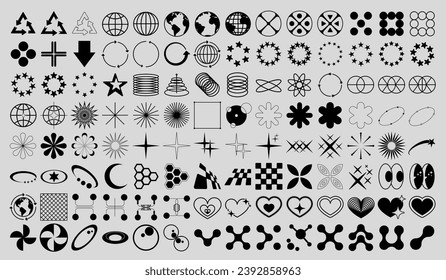 Collection of Y2K elements. Trendy geometric forms of brutalism. Fashionable retro futuristic objects. Vector set