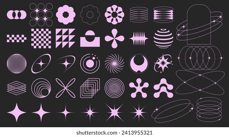 Collection of Y2K elements. Trendy geometric forms of brutalism. Fashionable retro futuristic objects. Vector 