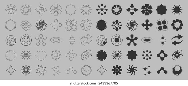 Collection of Y2K elements. Trendy geometric forms of brutalism. Fashionable retro futuristic objects. Vector set	