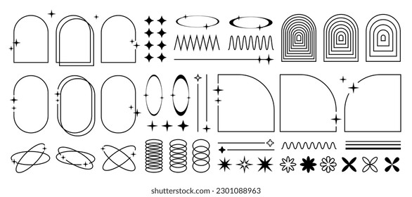 Colección de elementos gráficos Y2K, marcos y objetos de diseño. Gráficos retro vectoriales en blanco y negro.