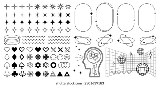 Collection of Y2K graphic elements, frames and design objects. Retro vector black and white graphics.