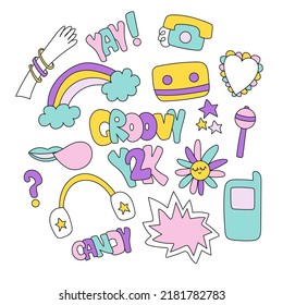 Collection y2k groovy template. Groovy retro sticker set