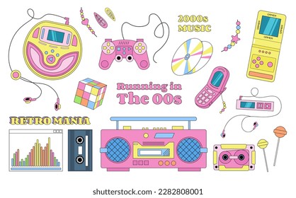 Colección de objetos Y2K, teclado de juego, reproductores de música, discos, decoraciones, objetos vectoriales, pegatinas, vibraciones retro.