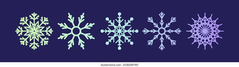 A collection of Y2K snowflake icons perfect for winter decorations. Featuring Christmas motifs and a nostalgic 90s aesthetic, this vector illustration embodies retro style with simple geometric shapes