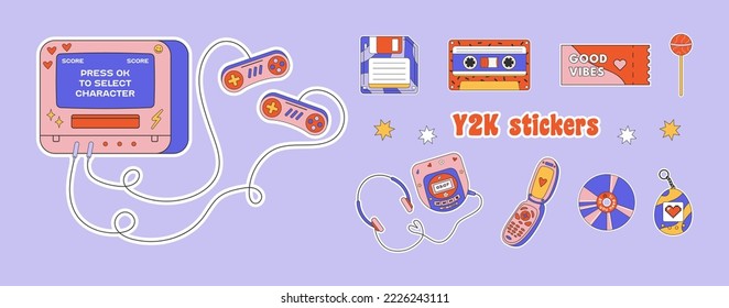 Colección de pegatinas y2k. Colección de parches de moda. Cayos de reacción divertidos e hipster. Ilustración vectorial de los 90.