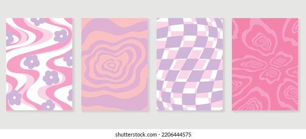 Collection of y2k style background vector. Set of lovely vibes wallpaper, pastel color, wavy, psychedelic, flowers, grid. Trendy girly 90s, 2000s poster for banner, prints, decorative, cover.