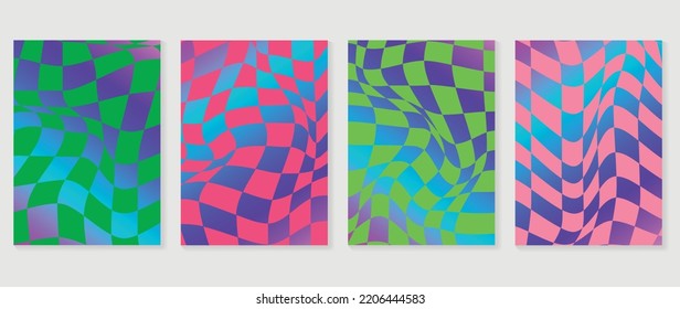 Collection Of Y2k Style Background Vector. Set Of Groove Vibes Wallpaper, Colorful, Wavy, Psychedelic, Grid, Rainbow. Trendy Futuristic 90s, 2000s Poster For Banner, Prints, Decorative, Cover.