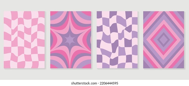 Collection of y2k style background vector. Set of lovely vibes wallpaper, pastel color, psychedelic, grid, geometric shapes. Trendy girly 90s, 2000s poster for banner, prints, decorative, cover.