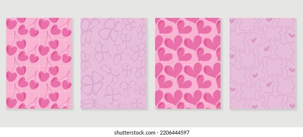 Collection of y2k style background vector. Set of lovely vibes wallpaper, pastel color, psychedelic, grid, heart, cherry, flowers. Trendy girly 90s, 2000s poster for banner, prints, decorative, cover.