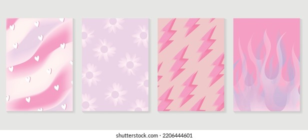 Collection of y2k style background vector. Set of lovely vibes wallpaper, pastel color, heart, psychedelic, flowers, fire. Trendy girly 90s, 2000s poster for banner, prints, decorative, cover.