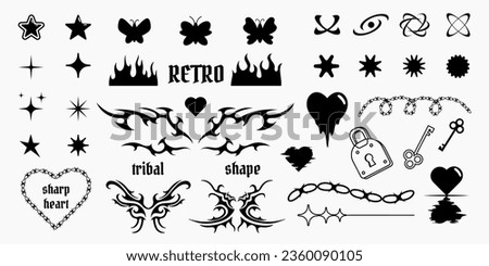 Collection of Y2K trendy shapes, tribal patterns, vector isolated drawings, geometric symbols in 2000s aesthetics.