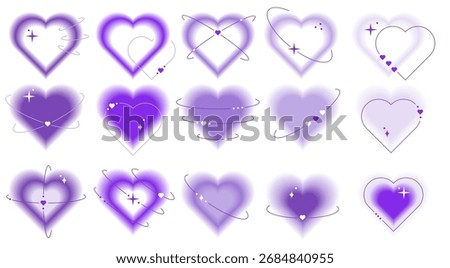 Collection of y2k valentine gradient purple hearts with blur effect. Modern minimalist aura soft pastel color elements, glow aesthetic sticker. Vector set of social media or logo elements