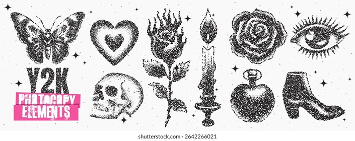 A collection of Y2K-inspired graphics showcases a butterfly, heart, roses, a skull, a candle, an eye, a perfume bottle, and a boot. The elements enhance a retro aesthetic.