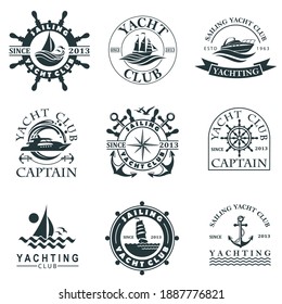 collection of yacht club labels with sea waves, anchor and helm isolated on white background