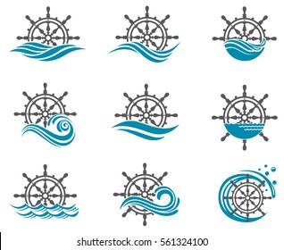 Collection of yacht helm wheel image with sea waves. Vector illustration