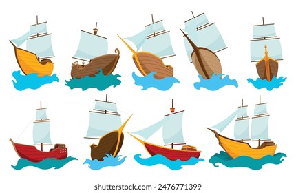 Collection of yachts, sailboats or sailing ships. Cruise travel company icons design. Stylized cartoon pirate ship. Vector old vessels