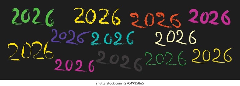 Eine Sammlung des Jahres 2026, die in verschiedenen lebendigen, bunten und stilisierten Schriftarten auf dunklem Hintergrund dargestellt wird.