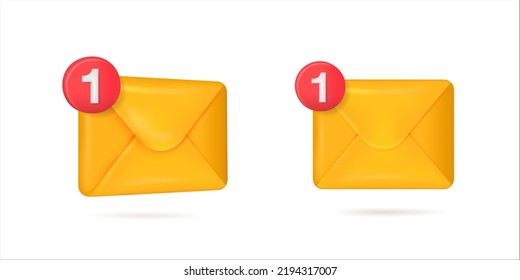 Collection of yellow 3d envelope. New notice Read the online message. Realistic character communication. Isolated vector icon template