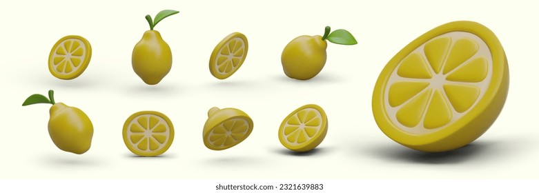 Collection of yellow 3D lemons. Sour aromatic tropical fruits whole, halves, slices. Citrus ingredients for cocktails, juices, sweets. Cute vector images with reflections, shadows