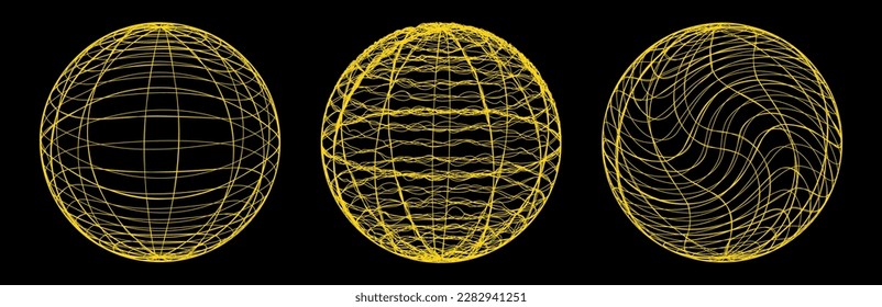 Collection yellow 3d shapes design in y2k style. Trendy elements in 70s-2000s. Vector illustration. Flat style.