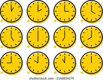 a collection of yellow analog clocks telling the time