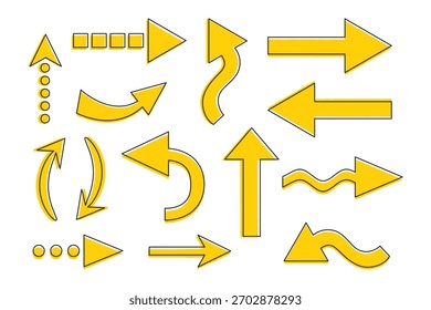 Colección de flechas amarillas con un borde desgarrado y contorno. Flechas con diferentes Formas y direcciones, flechas punteadas. Ilustración vectorial