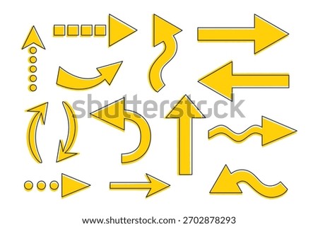 Collection of yellow arrows with a torn edge and outline. Arrows with different shapes and directions, dotted arrows. Vector illustration