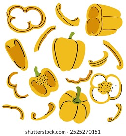 Collection of yellow bell pepper slices and cross sections in flat vector style
