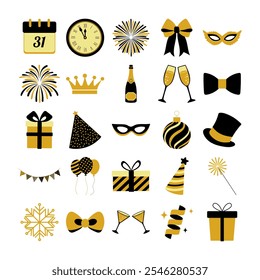 A collection of yellow and black icons for a party or celebration. The icons include a clock, a crown, a gift box, a champagne glass, a masquerade mask, a party hat, a party balloon, a party banner