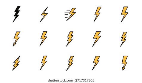 Coleção de símbolos de raio amarelo e preto representando a energia elétrica e alta tensão em diferentes estilos e formas.