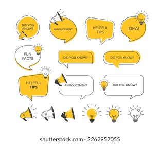 Collection of yellow and black speech bubbles, megaphones and light bulbs. Fun facts, trivia, idea concept design