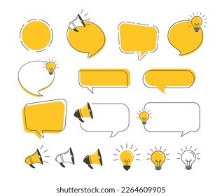 Collection of yellow and black speech bubbles, megaphones and light bulbs. Fun facts, trivia, idea concept design