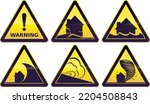 Collection of yellow and black triangular signs of natural hazards such as floods, earthquakes, tornadoes, hurricanes, tsunamis and avalanches (metal reflection)