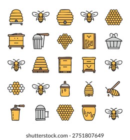 A collection of yellow and brown featuring bees, honeycombs, honey jars, beekeeping tools, and other honey-related arranged in a grid layout bee, honey, hive. yellow and brown bee......